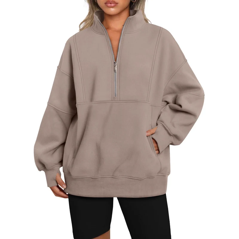 Damen Oversize-Sweatshirt mit halbem Reißverschluss, Stehkragen und Kängurutasche Drune