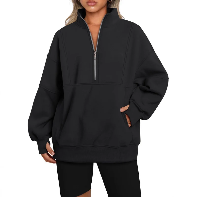 Damen Oversize-Sweatshirt mit halbem Reißverschluss, Stehkragen und Kängurutasche Drune