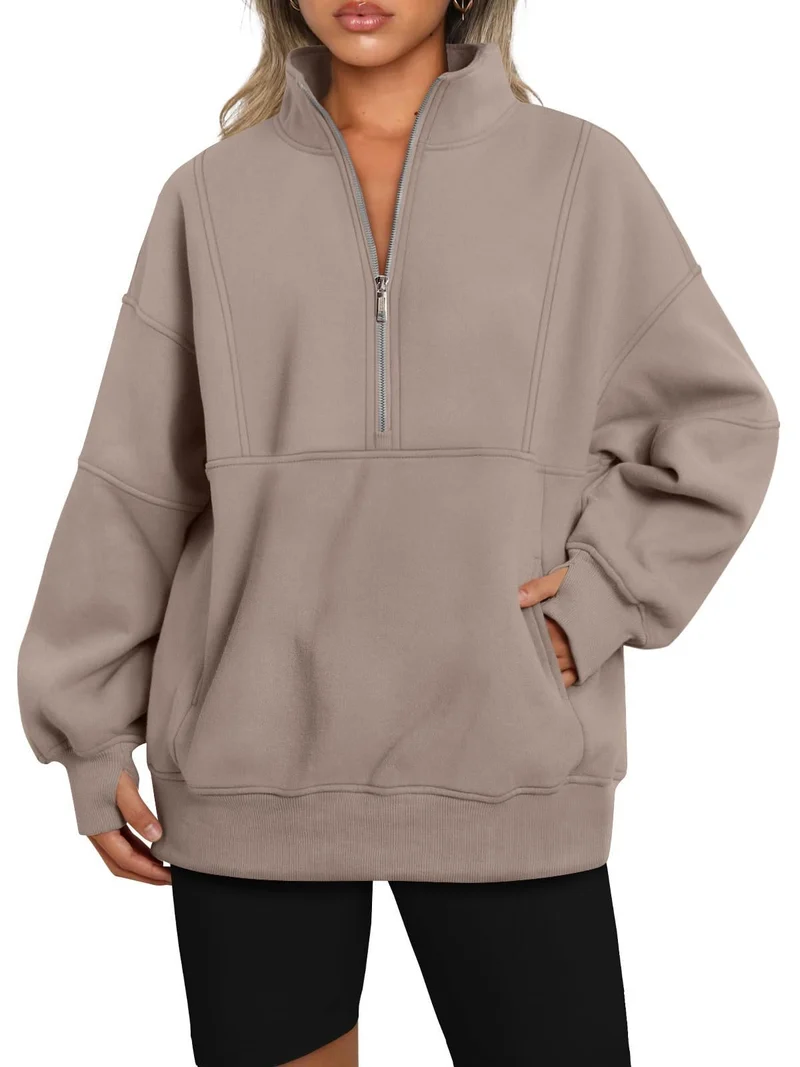 Damen Oversize-Sweatshirt mit halbem Reißverschluss, Stehkragen und Kängurutasche Drune