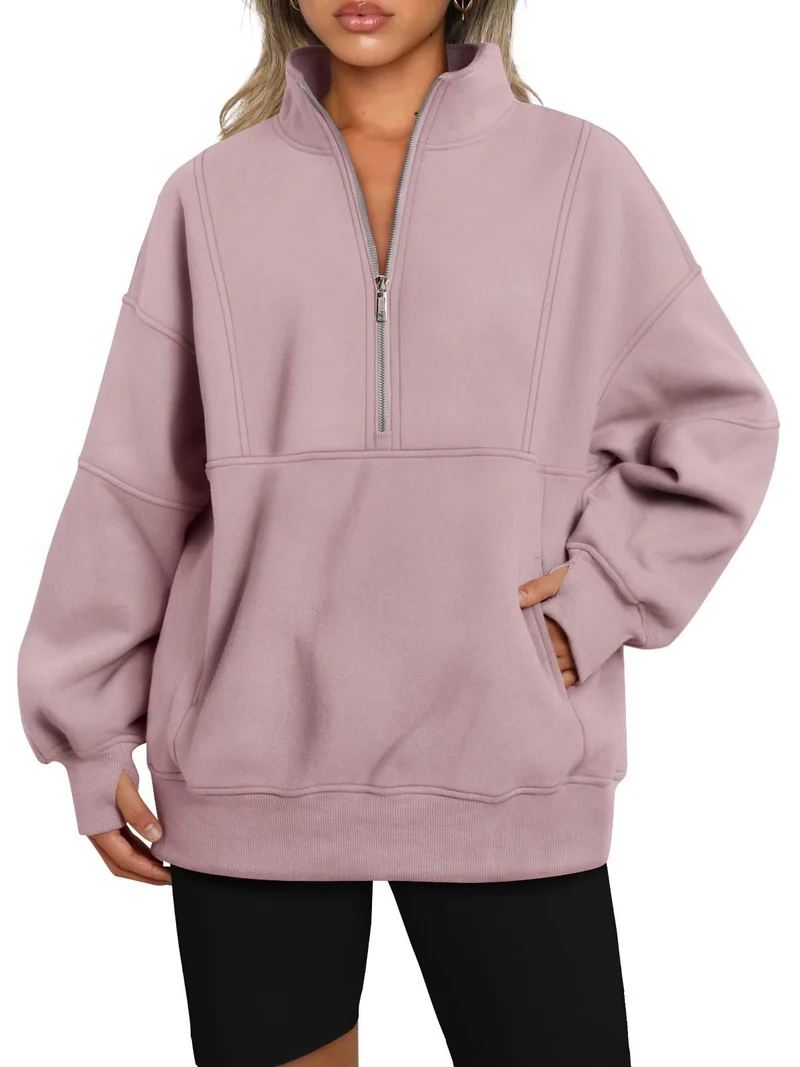 Damen Oversize-Sweatshirt mit halbem Reißverschluss, Stehkragen und Kängurutasche Drune