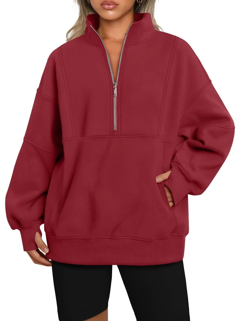Damen Oversize-Sweatshirt mit halbem Reißverschluss, Stehkragen und Kängurutasche Drune