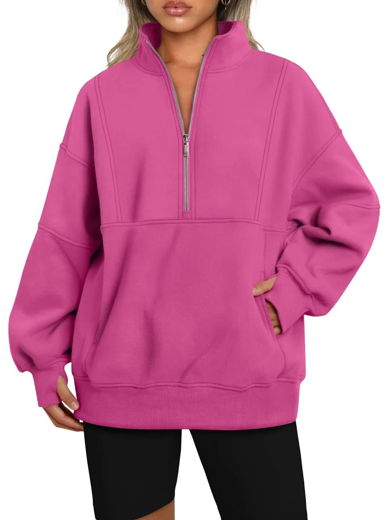 Damen Oversize-Sweatshirt mit halbem Reißverschluss, Stehkragen und Kängurutasche Drune