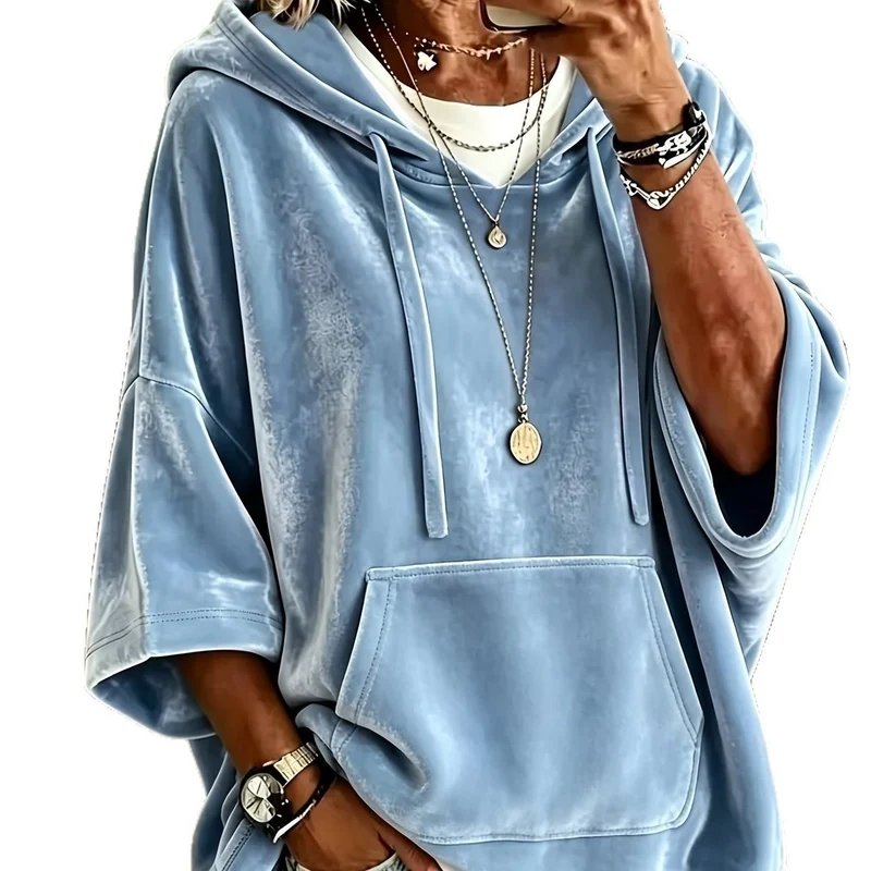 Damen Oversize Samt-Hoodie mit halbarm, Kapuze und Kängurutasche Drune