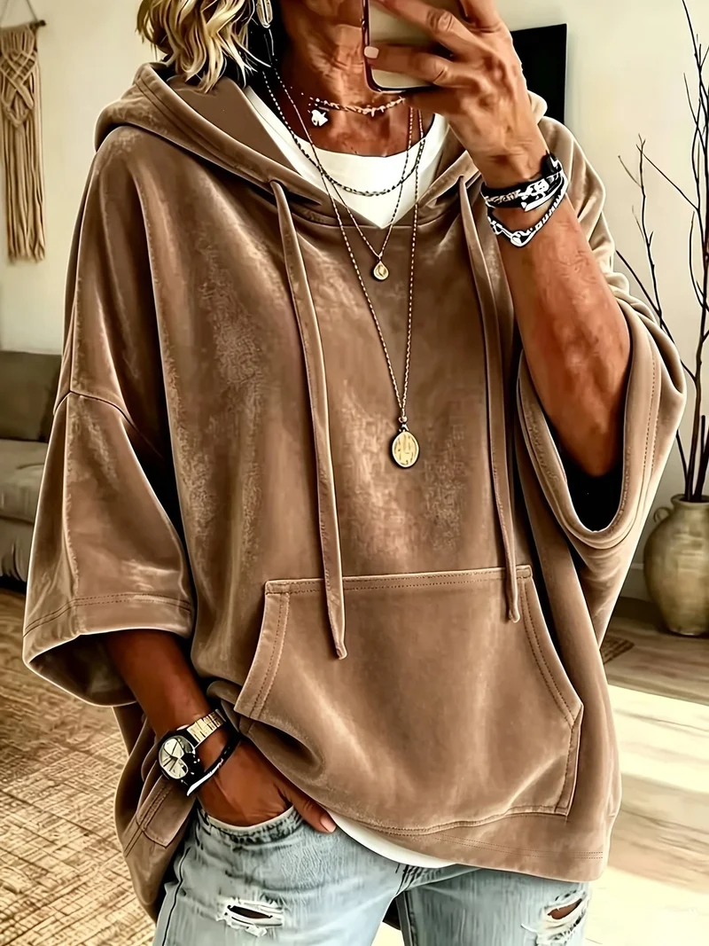 Damen Oversize Samt-Hoodie mit halbarm, Kapuze und Kängurutasche Drune