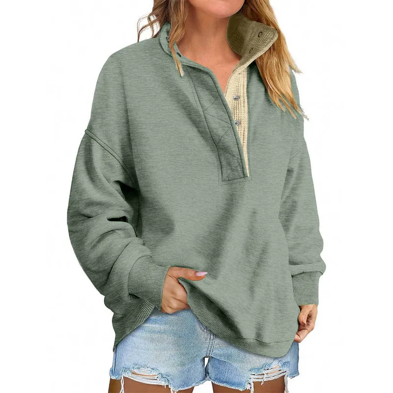 Damen Oversize-Henley-Sweatshirt mit Stehkragen und Druckknopfleiste Drune