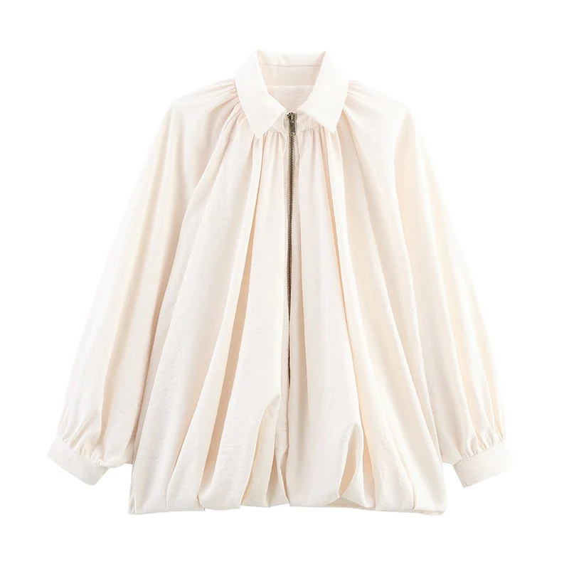 Damen Oversize-Hemdbluse mit Reißverschluss, Kräuselung und Ballonärmeln Drune