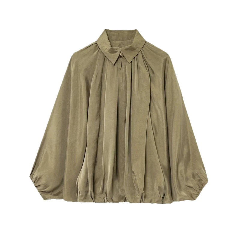 Damen Oversize-Hemdbluse mit Reißverschluss, Kräuselung und Ballonärmeln Drune