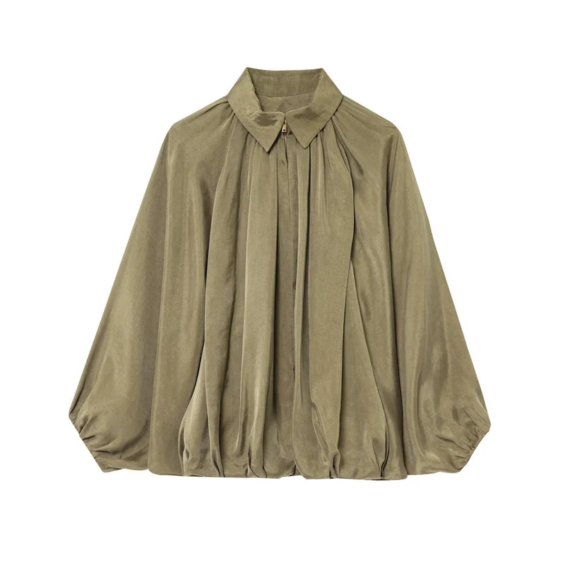 Damen Oversize-Hemdbluse mit Reißverschluss, Kräuselung und Ballonärmeln Drune