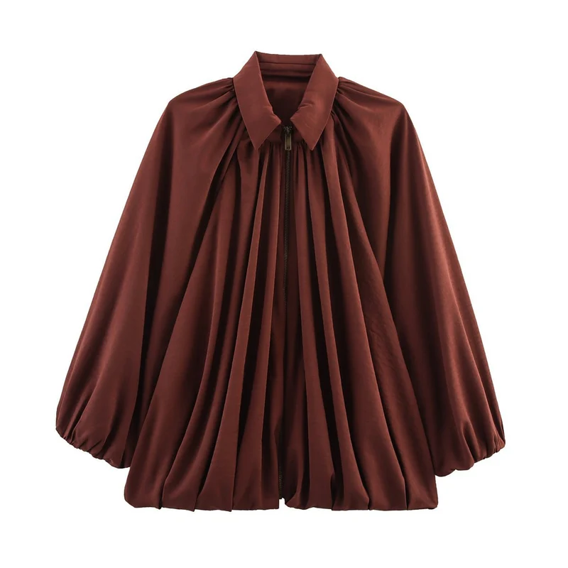 Damen Oversize-Hemdbluse mit Reißverschluss, Kräuselung und Ballonärmeln Drune