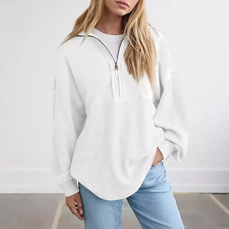 Damen Oversize-Halbzip-Pullover mit Waffelstrick-Einsätzen Drune
