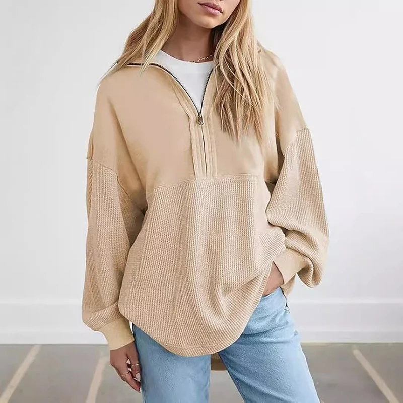 Damen Oversize-Halbzip-Pullover mit Waffelstrick-Einsätzen Drune