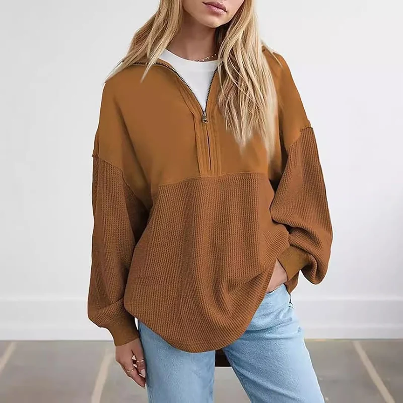 Damen Oversize-Halbzip-Pullover mit Waffelstrick-Einsätzen Drune