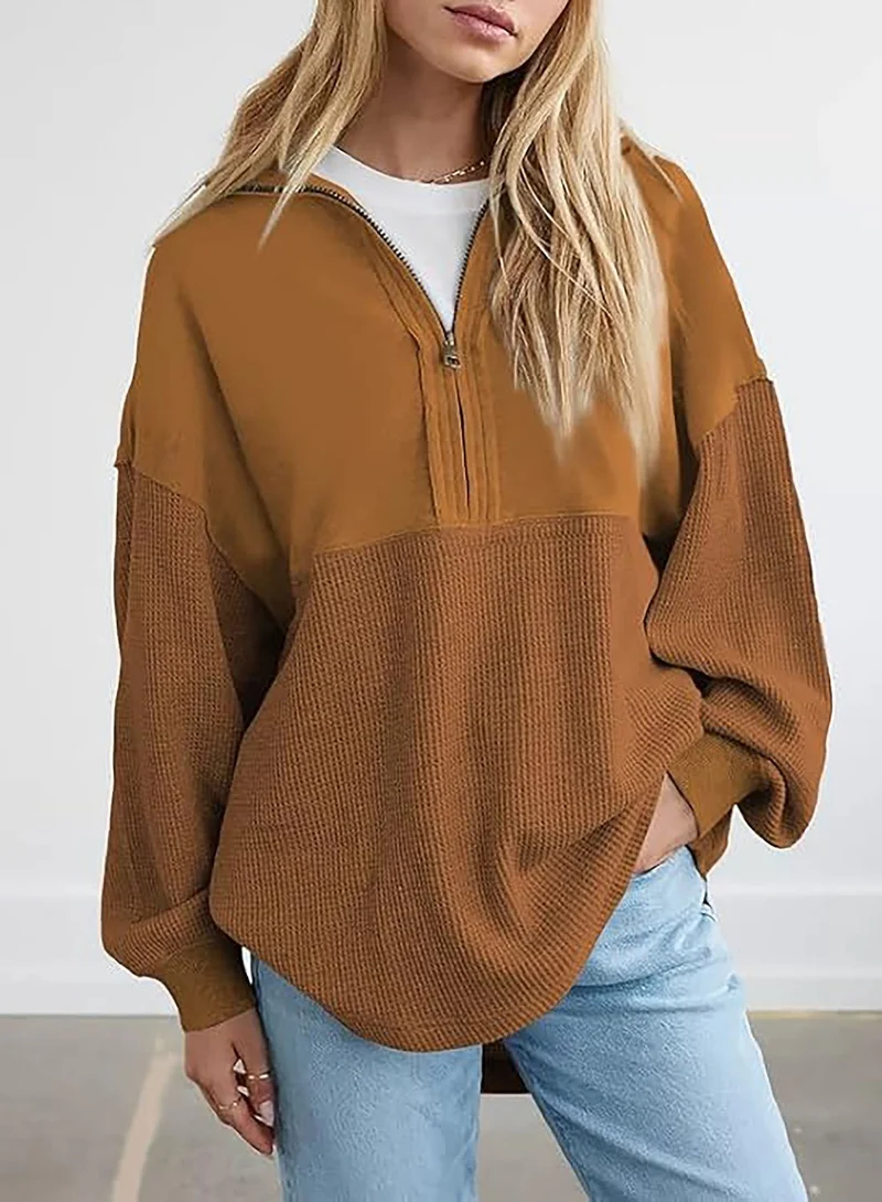 Damen Oversize-Halbzip-Pullover mit Waffelstrick-Einsätzen Drune