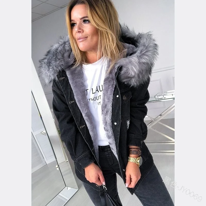 Damen Oversize Denim-Parka mit abnehmbarem Kunstpelzkragen und Used-Effekt Drune