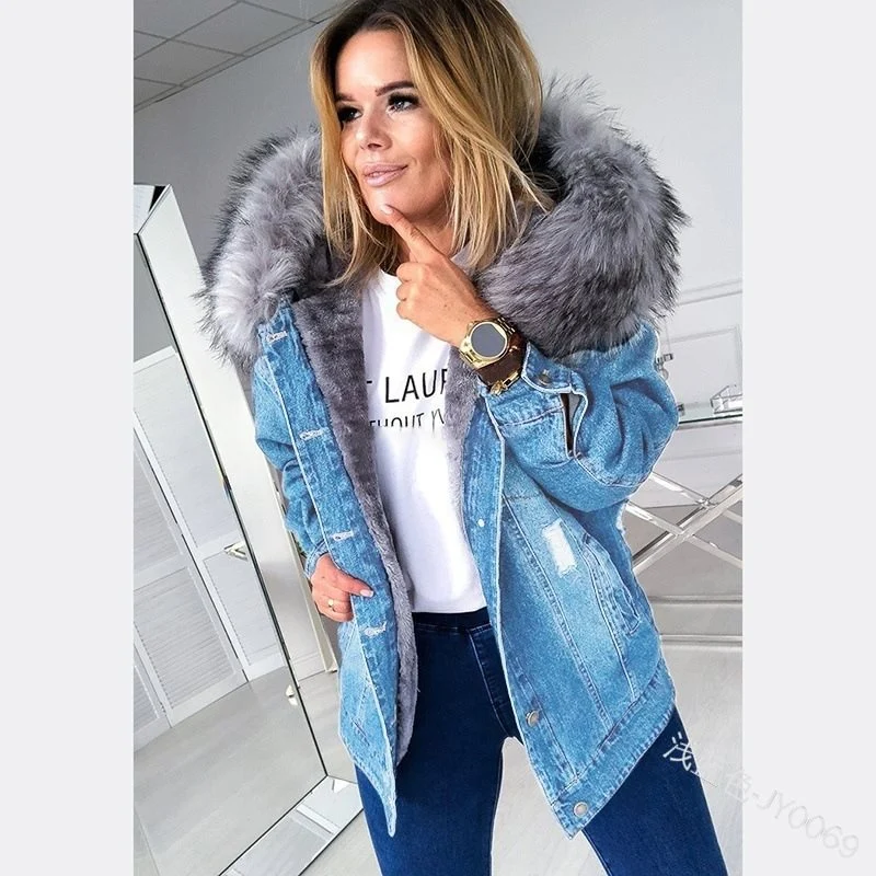 Damen Oversize Denim-Parka mit abnehmbarem Kunstpelzkragen und Used-Effekt Drune