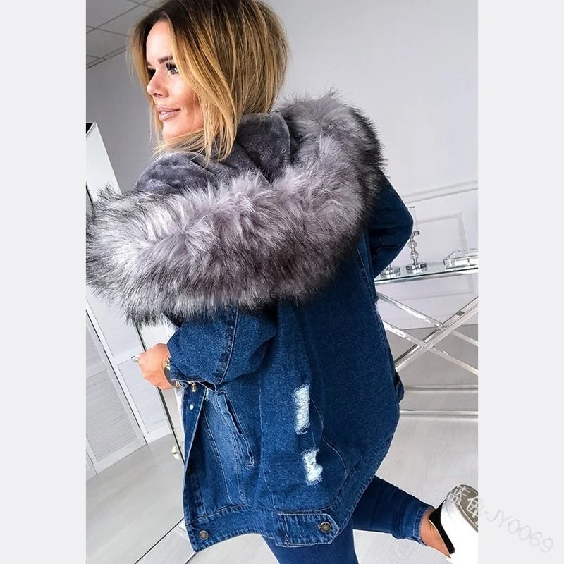 Damen Oversize Denim-Parka mit abnehmbarem Kunstpelzkragen und Used-Effekt Drune