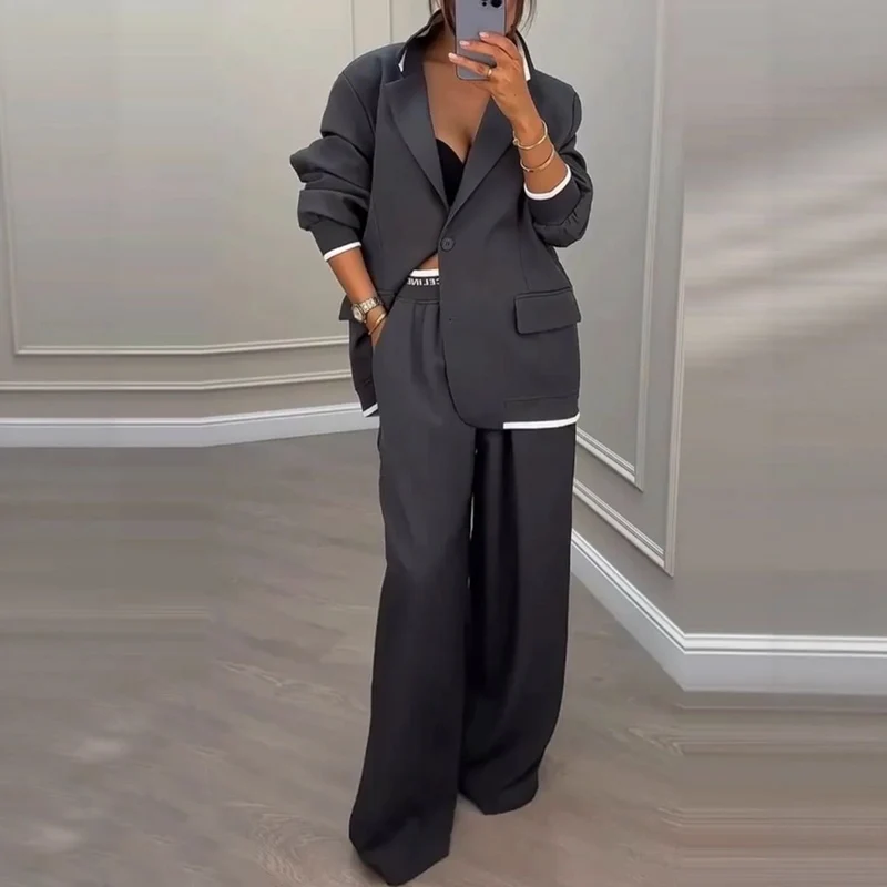 Damen Oversize-Blazer mit Kontrastbesatz und High‑Waist Palazzo‑Hose Zweiteiler Drune