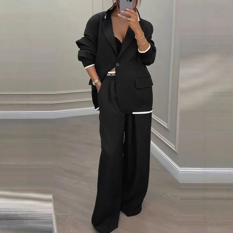 Damen Oversize-Blazer mit Kontrastbesatz und High‑Waist Palazzo‑Hose Zweiteiler Drune