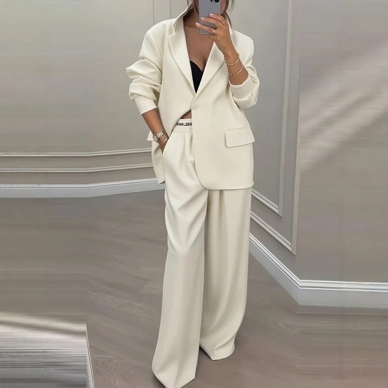 Damen Oversize-Blazer mit Kontrastbesatz und High‑Waist Palazzo‑Hose Zweiteiler Drune