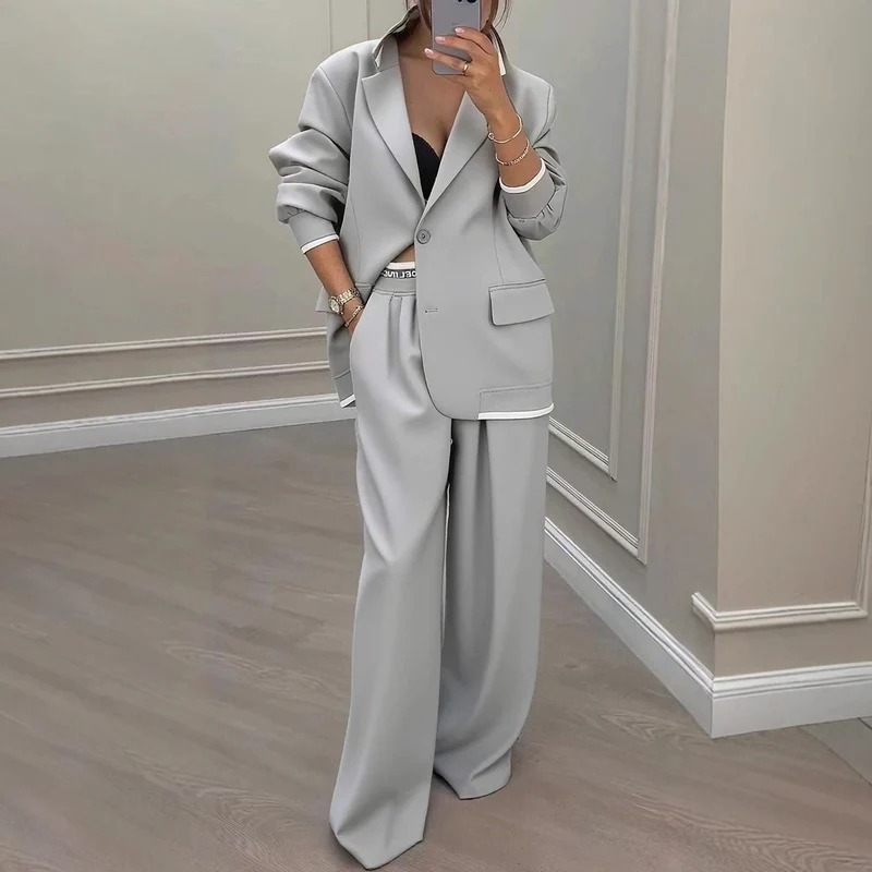 Damen Oversize-Blazer mit Kontrastbesatz und High‑Waist Palazzo‑Hose Zweiteiler Drune