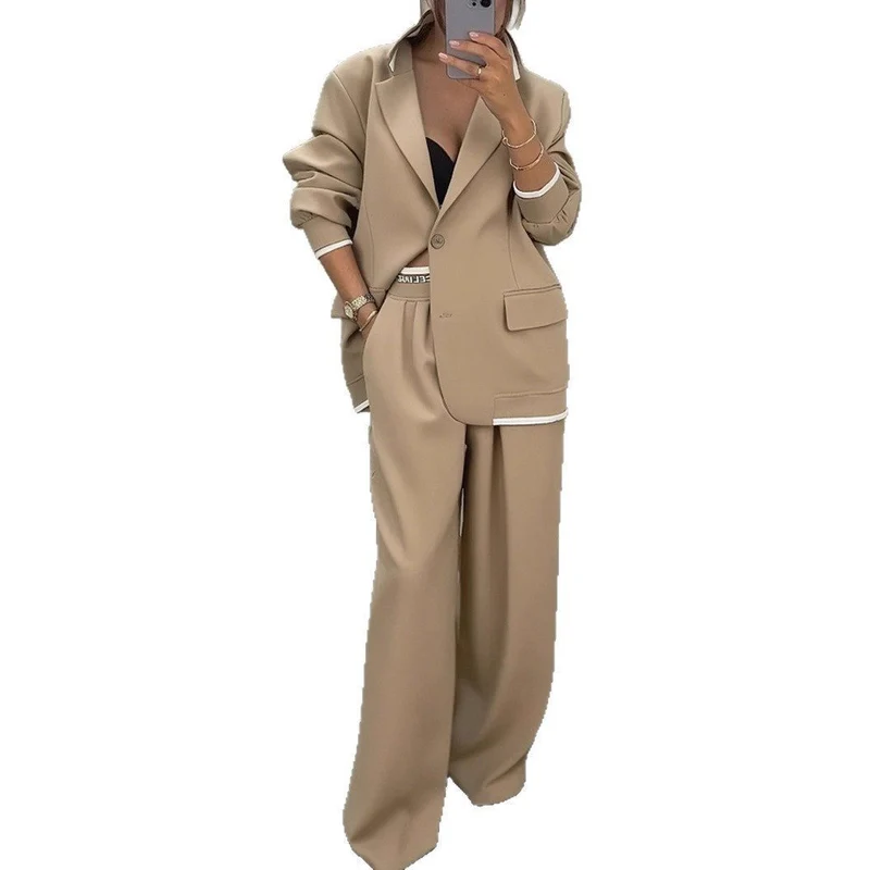 Damen Oversize-Blazer mit Kontrastbesatz und High‑Waist Palazzo‑Hose Zweiteiler Drune
