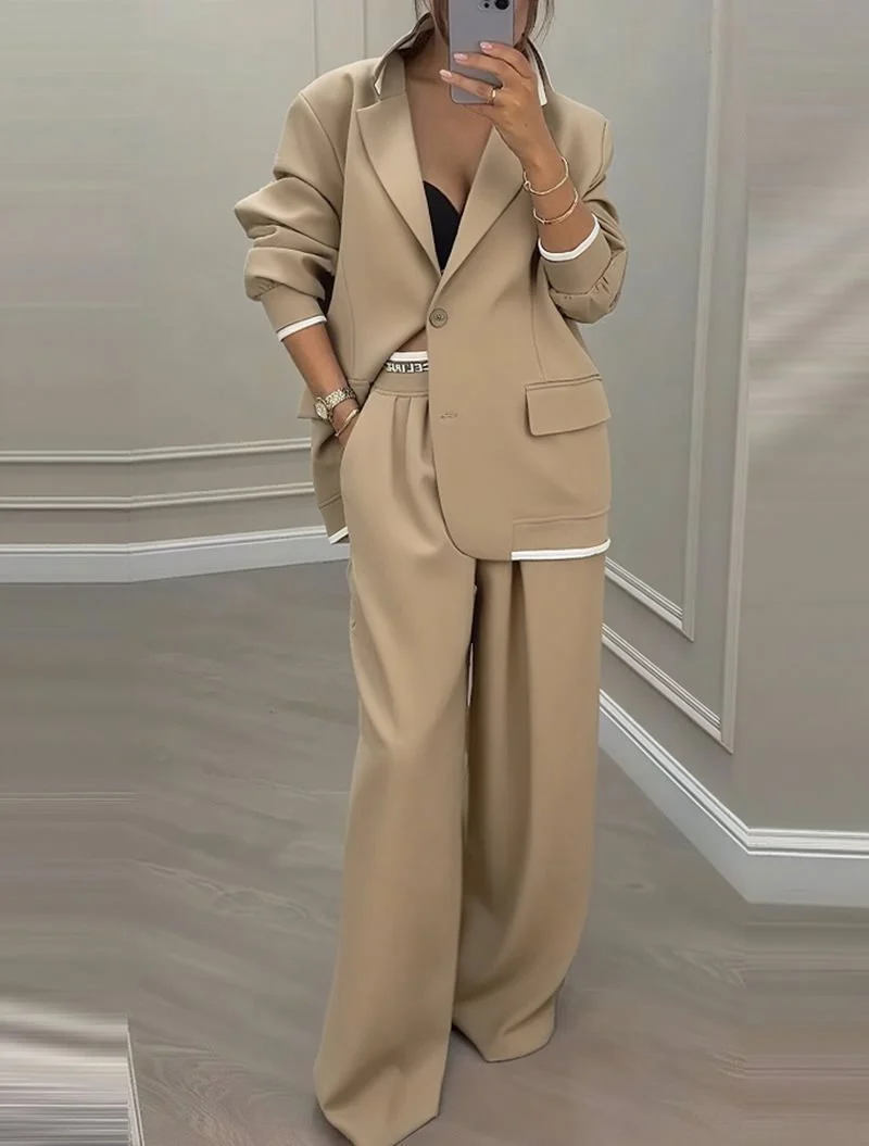 Damen Oversize-Blazer mit Kontrastbesatz und High‑Waist Palazzo‑Hose Zweiteiler Drune