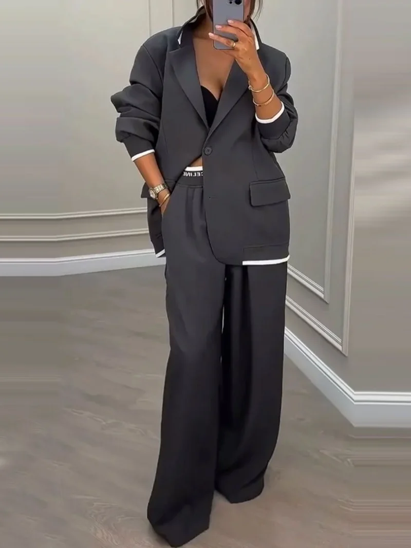 Damen Oversize-Blazer mit Kontrastbesatz und High‑Waist Palazzo‑Hose Zweiteiler Drune