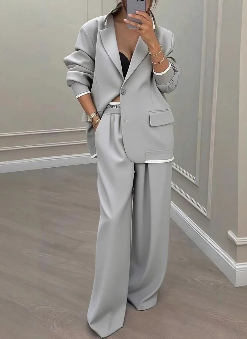 Damen Oversize-Blazer mit Kontrastbesatz und High‑Waist Palazzo‑Hose Zweiteiler Drune