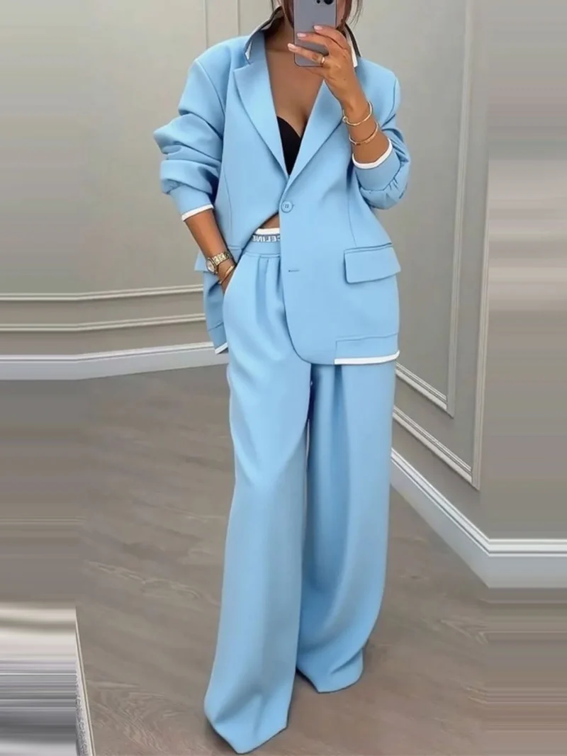 Damen Oversize-Blazer mit Kontrastbesatz und High‑Waist Palazzo‑Hose Zweiteiler Drune