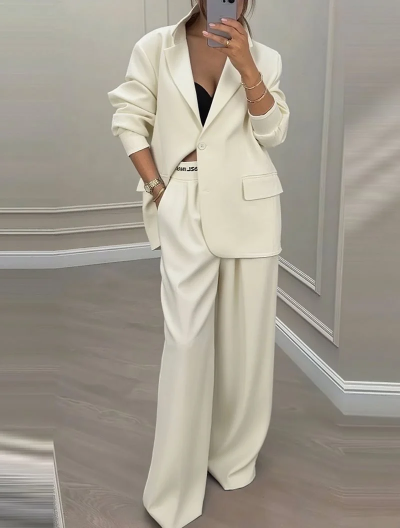 Damen Oversize-Blazer mit Kontrastbesatz und High‑Waist Palazzo‑Hose Zweiteiler Drune