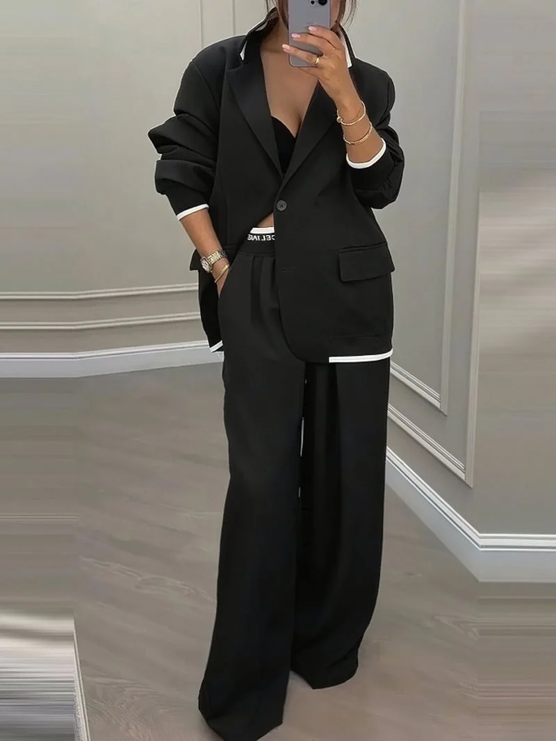Damen Oversize-Blazer mit Kontrastbesatz und High‑Waist Palazzo‑Hose Zweiteiler Drune