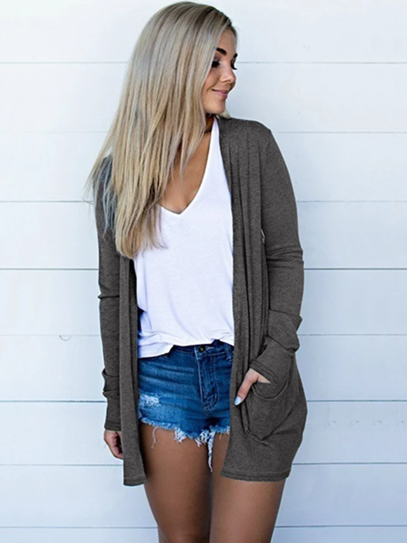 Damen Offener Feinstrick-Cardigan mit hüftlanger Silhouette und Eingrifftaschen Drune