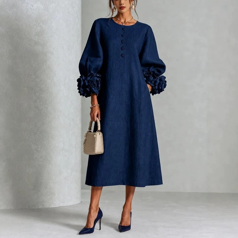 Damen Midikleid aus Leinen mit Ballonärmeln und 3D-Blütenmanschetten Drune