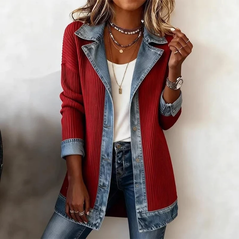 Damen Longline-Strickcardigan mit Jeanskragen und Saumbesatz Drune