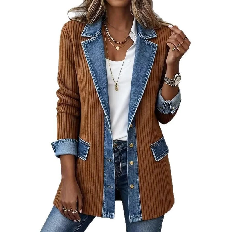 Damen Longline-Strickcardigan mit Jeanskragen und Saumbesatz Drune