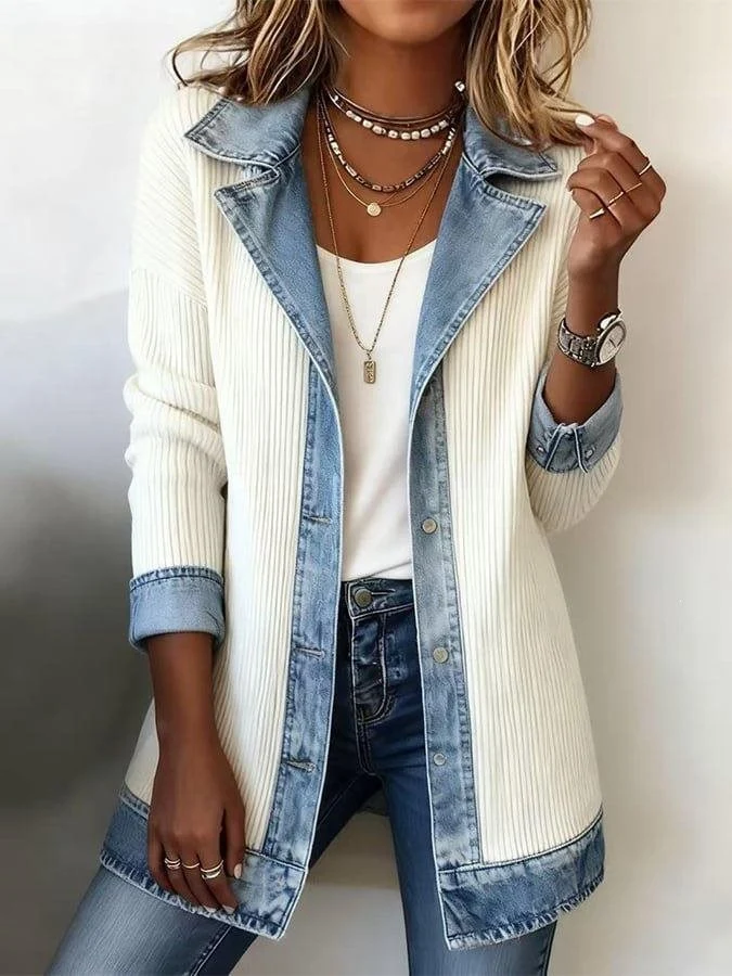 Damen Longline-Strickcardigan mit Jeanskragen und Saumbesatz Drune