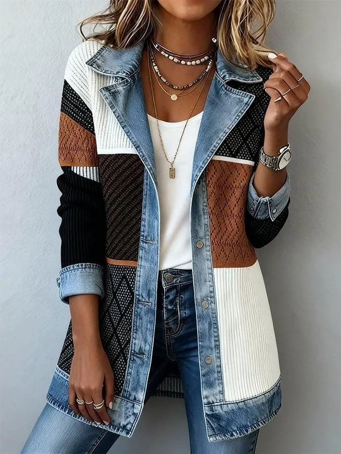 Damen Longline-Strickcardigan mit Jeanskragen und Saumbesatz Drune