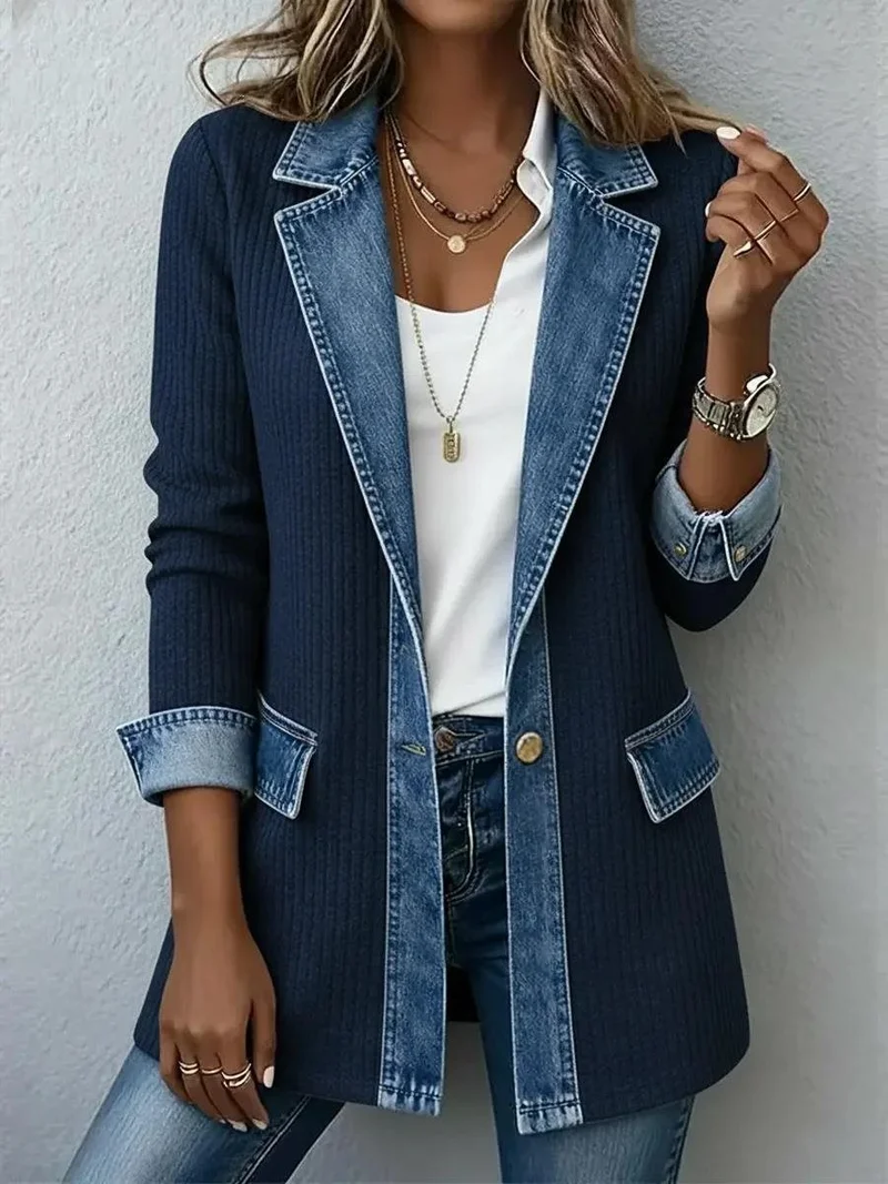 Damen Longline-Strickcardigan mit Jeanskragen und Saumbesatz Drune
