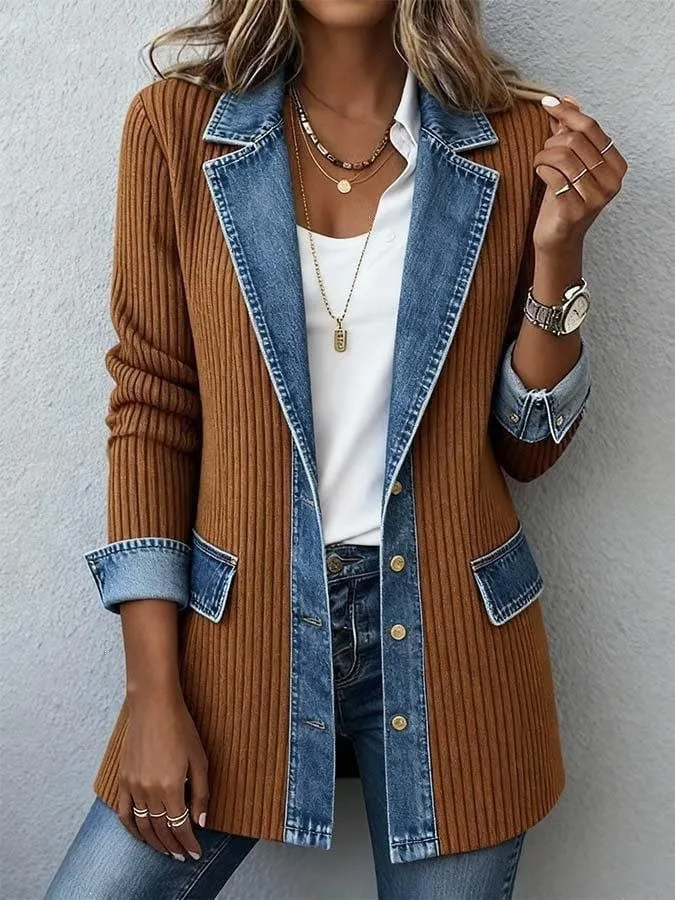 Damen Longline-Strickcardigan mit Jeanskragen und Saumbesatz Drune