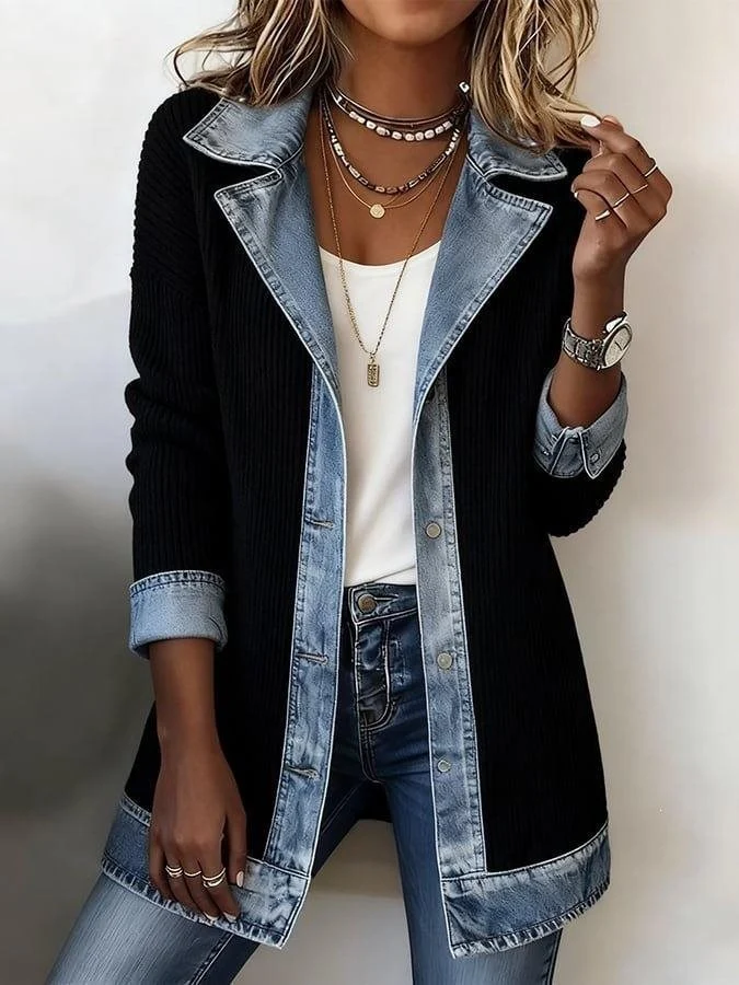 Damen Longline-Strickcardigan mit Jeanskragen und Saumbesatz Drune