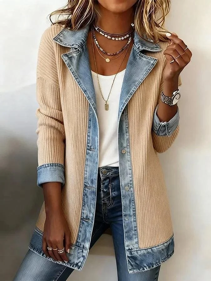 Damen Longline-Strickcardigan mit Jeanskragen und Saumbesatz Drune