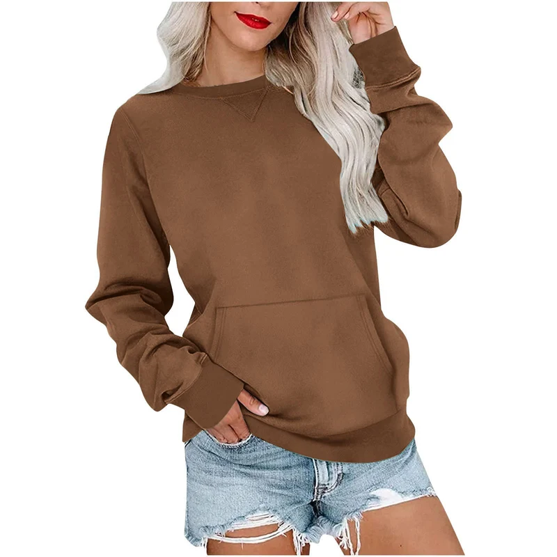Damen Lockeres Sweatshirt mit Rundhalsausschnitt und Kängurutasche Drune