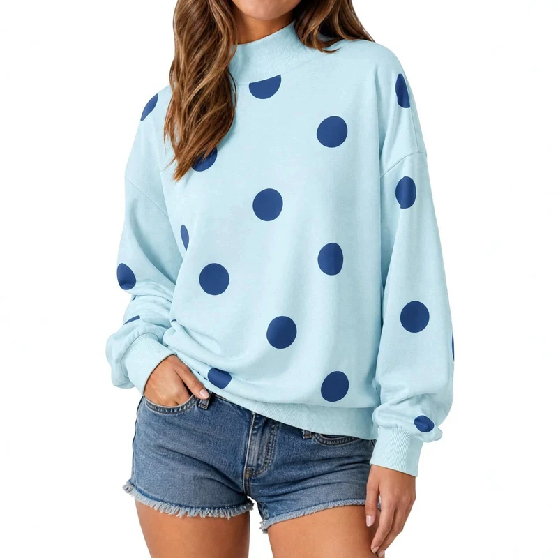 Damen Locker geschnittenes Sweatshirt mit Stehkragen und großen Punkten Drune