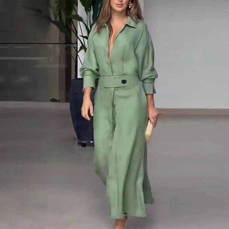 Damen Leinen-Maxikleid mit Hemdkragen, Taillengürtel und seitlichen Beinschlitzen Drune