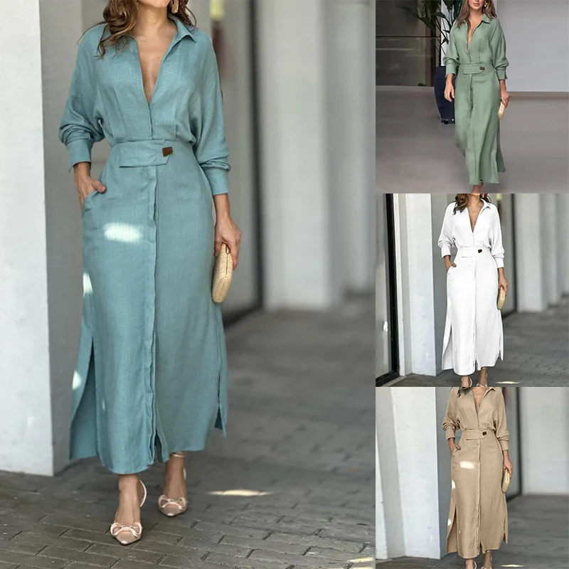 Damen Leinen-Maxikleid mit Hemdkragen, Taillengürtel und seitlichen Beinschlitzen Drune