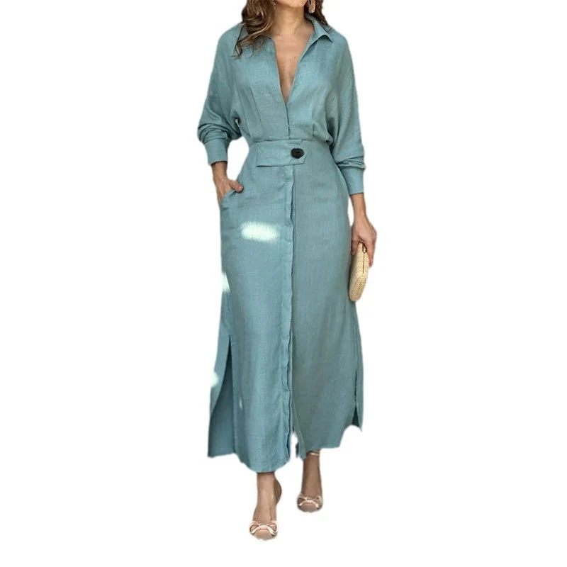Damen Leinen-Maxikleid mit Hemdkragen, Taillengürtel und seitlichen Beinschlitzen Drune