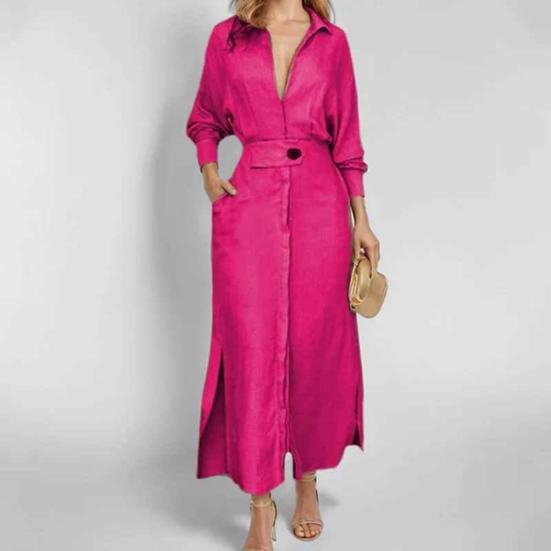 Damen Leinen-Maxikleid mit Hemdkragen, Taillengürtel und seitlichen Beinschlitzen Drune