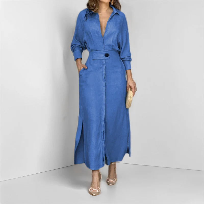 Damen Leinen-Maxikleid mit Hemdkragen, Taillengürtel und seitlichen Beinschlitzen Drune