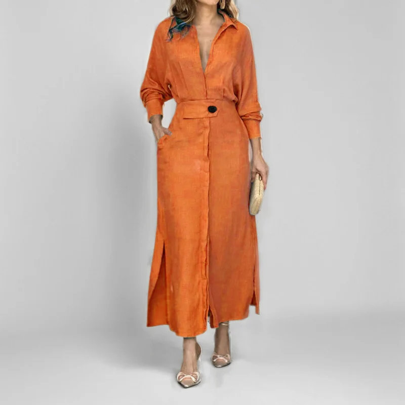 Damen Leinen-Maxikleid mit Hemdkragen, Taillengürtel und seitlichen Beinschlitzen Drune