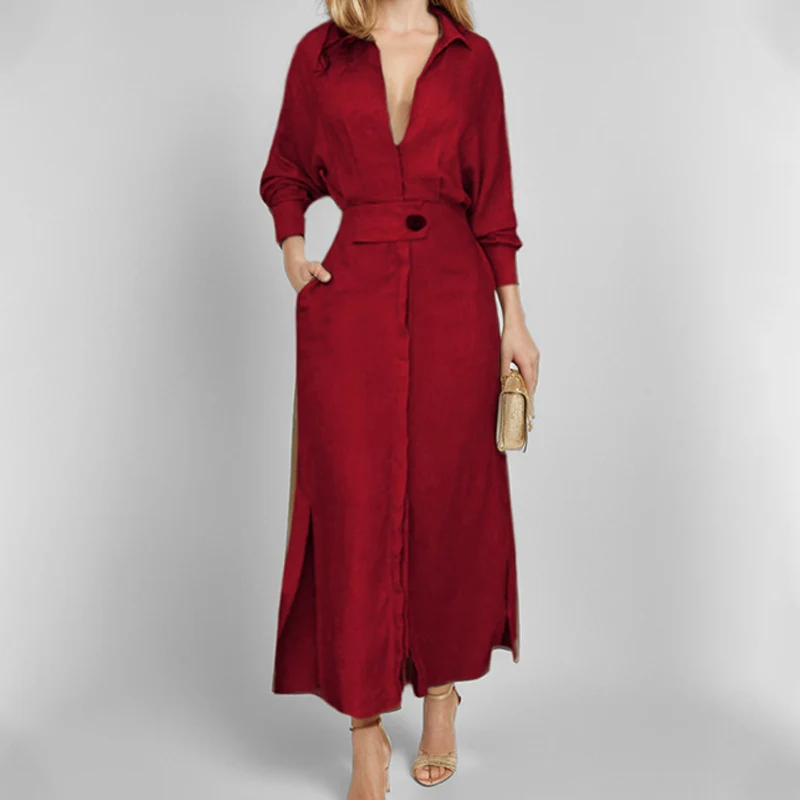 Damen Leinen-Maxikleid mit Hemdkragen, Taillengürtel und seitlichen Beinschlitzen Drune